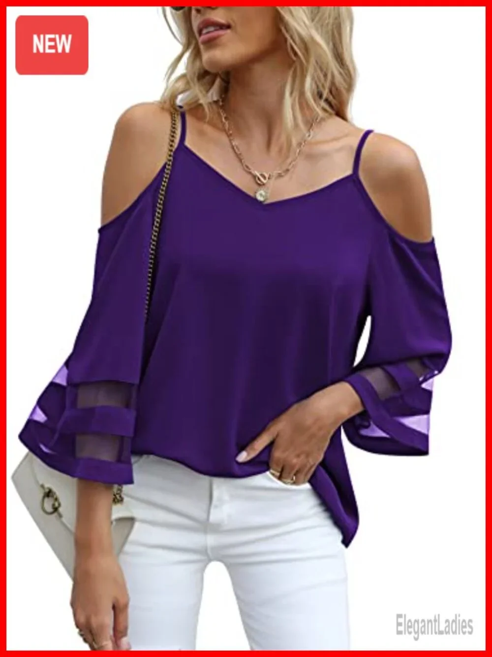 Cold Shoulder Mesh Panel Bell Sleeve Top Loose Fit Blouse